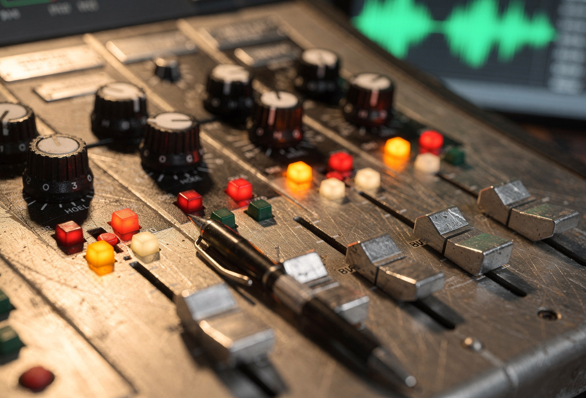 Vintage Neve mixing konsolu yakın plan — kanal şeritleri ve fader detayı